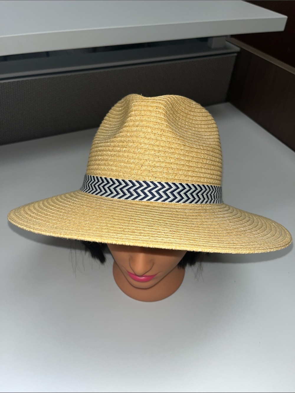 Goodfellow & Co Wide-Brim Straw Hat with Navy Chevron Band